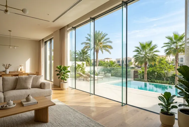 A bright, freshly cleaned Dubai villa window letting in summer light, with the garden visible beyond the spotless glass