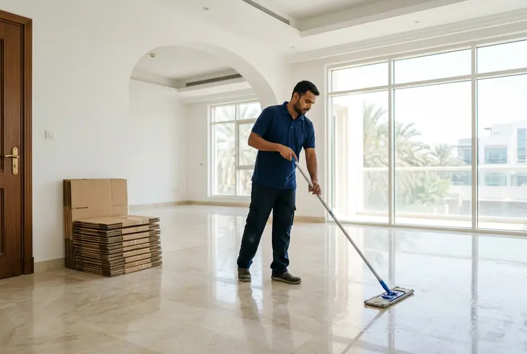 A professional cleaner mopping the floor of an empty Dubai villa living room beside a stack of flattened moving boxes
