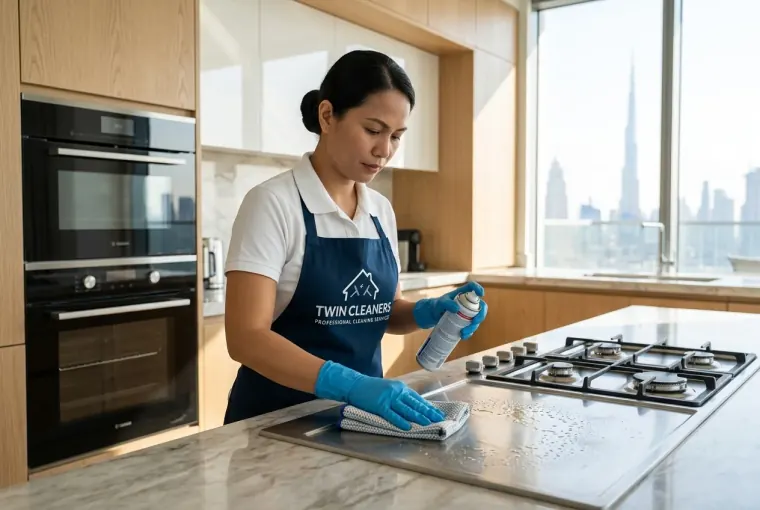 A Twin Cleaners professional deep-cleaning a Dubai villa kitchen, degreasing behind the hob