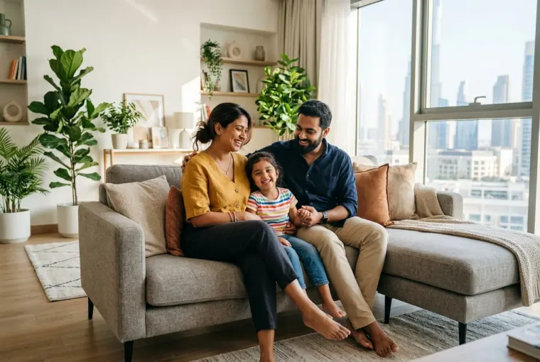 A tidy Dubai villa living room with curtains drawn and surfaces cleared, closed up before the family leaves for the summer